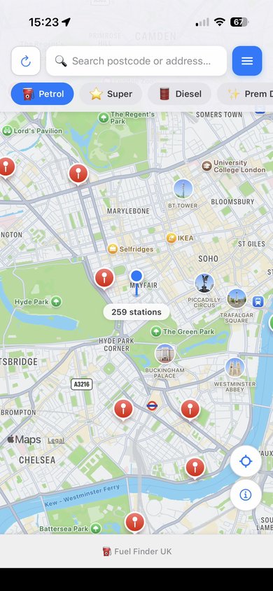 Fuel Finder UK app showing fuel stations on a map